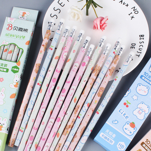 Cartoon boxed pencils, 10 pieces, student writing HB pencils with eraser, holiday prize gift wholesale pencils