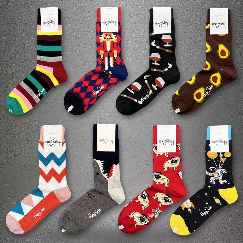 HappySocks Men's Swedish Fashion Brand Mid-tube Socks plus size Personalized Fashion Long-tube Cotton Autumn and Winter Breathable Sweat Absorbing