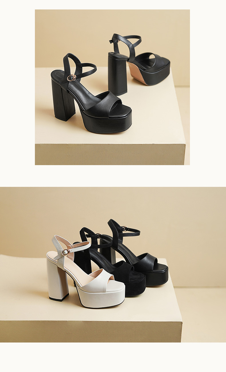 Sandal cao gót nữ hở mũi quai ngang khóa, đế dày gót thô 12 cm — Da bò trắng gạo chi tiết 10