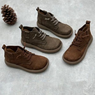 Foreign Trade Retro Artistic Genuine Leather Short Boots Autumn and Winter New Arrival Round Tops with Elasticated Strap Flat Single Boots Top Layer Cowhide Women's Boots
