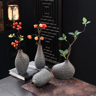 陶瓷小花瓶摆件粗陶干花插花器客厅家居装饰品禅意桌面水培小花器