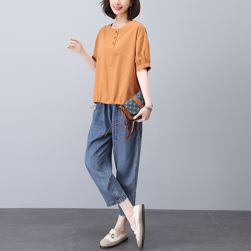Casual Mom Thin Jeans Top suit Women's Loose 2024 Summer Middle Fashionable Stylish Age-reducing Two-piece Set