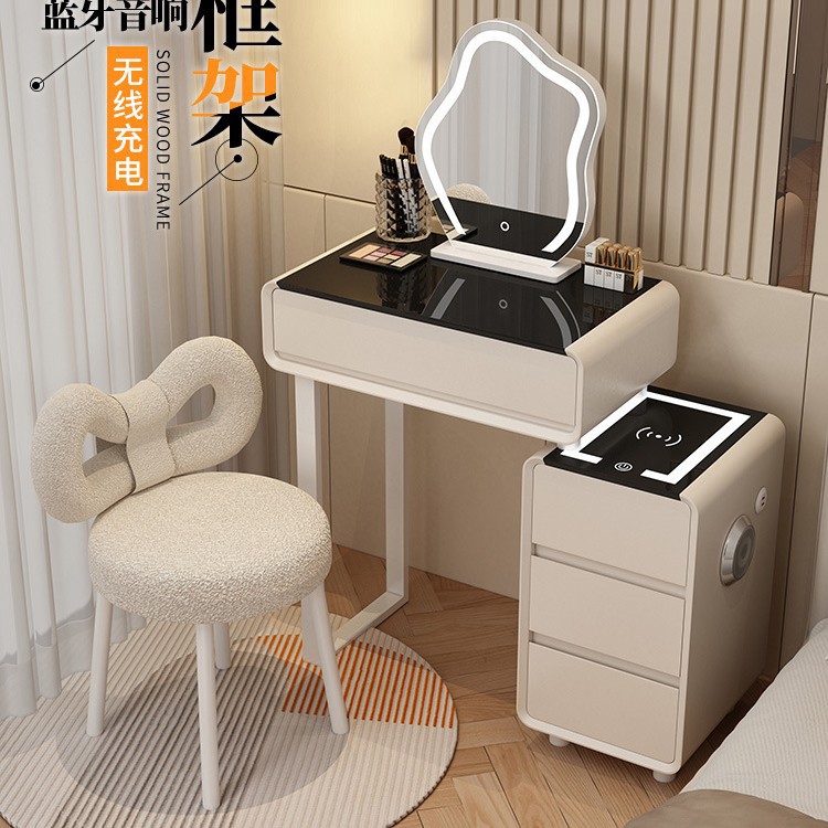 2025 New Modern Simple Dressing Table Small Apartment Slate Light Luxury Solid Wood Cream Style Dressing Table with Smart Cabinet