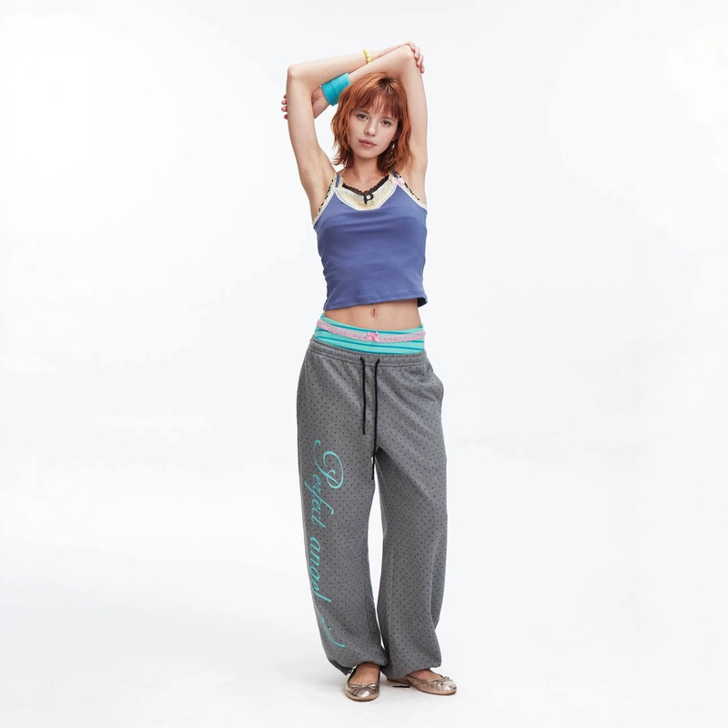 Autumn and Winter New Korean Style Sweet Girl Sweatpants for Women, Polka Dot Print, Loose Straight-Leg Letter Print, Gray Wide-Leg Casual Long Pants