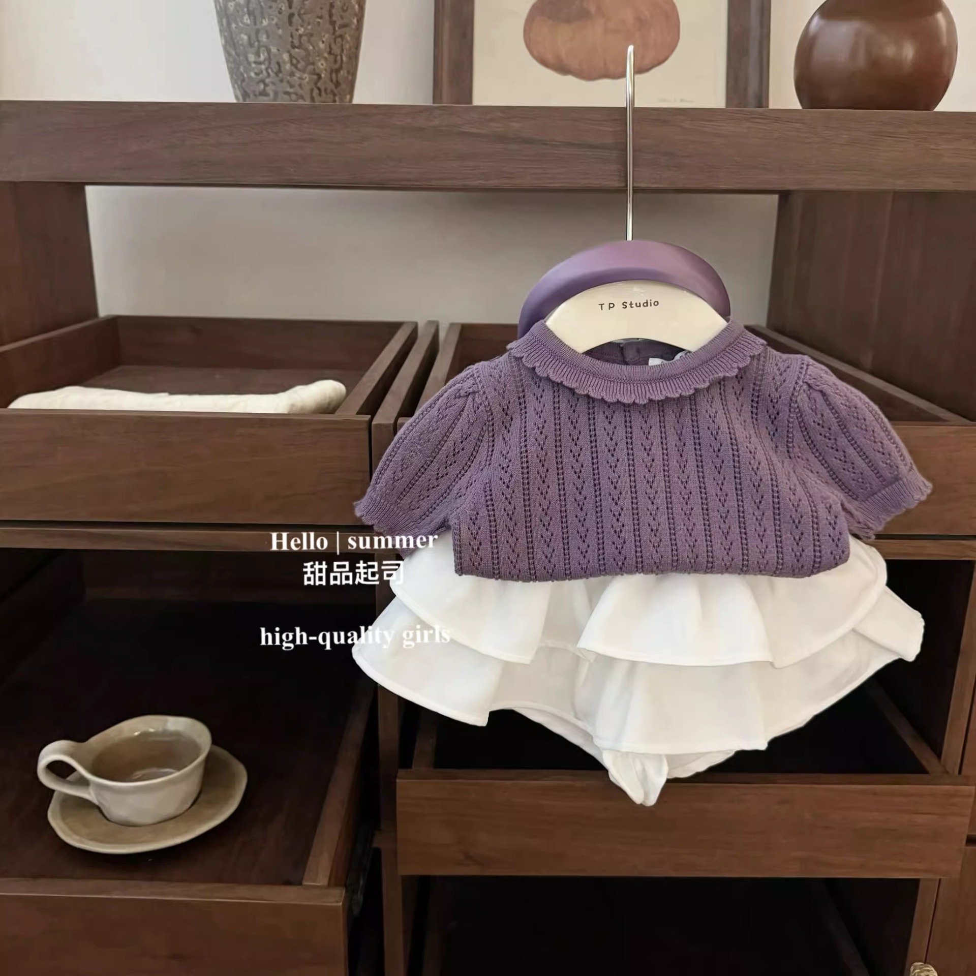 2025 children's clothing spring beautiful purple ballet girl baby hollow lace knitted top princess cake skirt set