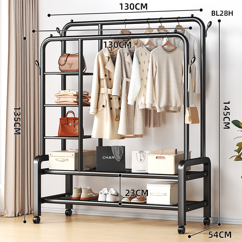 바퀴 달린 130cm 블랙 [양방향 행거 * 측면 수납망 + 2단 선반] 4개 걸이