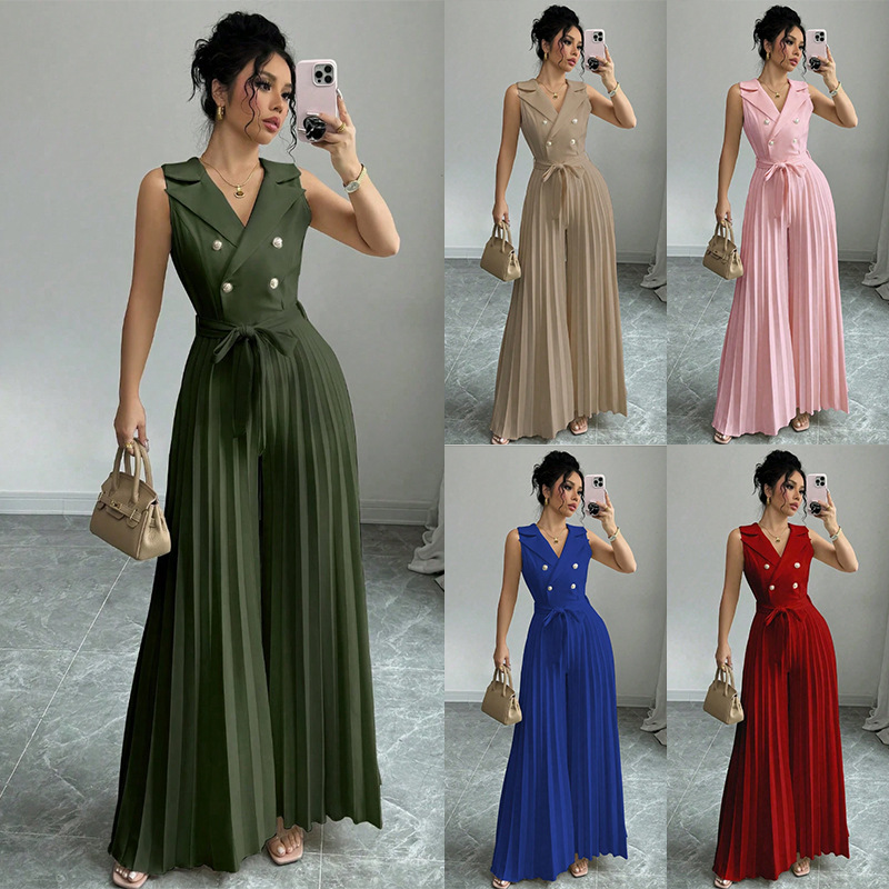 2025 Foreign Trade Import and Export Women's Clothing, Light and Mature Style Suit Collar, Bow Tie, Waist and Large Hem Pleated Jumpsuit