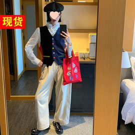 现货   Mona 春款复古丝绒拼色马甲显瘦不规则V领彩扣上衣女