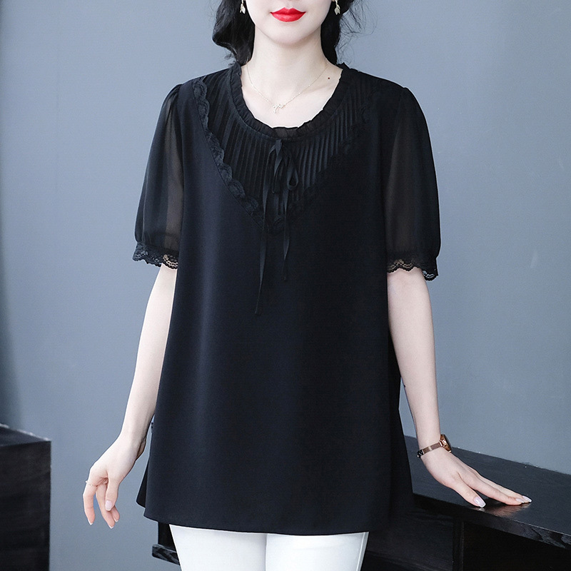 Plus-size women's loose-fitting slimming T-shirt top for chubby girls, high-end and stylish short-sleeved shirt for mothers, concealing any unwanted curves.