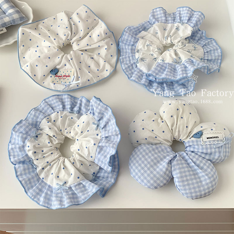 Lazo a cuadros azul coreano, lazo para el cabello de intestino grueso, niña dulce, bola de cabello, lunares, cuerda para el cabello, accesorios para el cabello de cola de caballo para mujer
