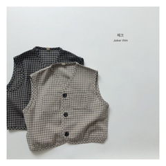 Children's Grid Vest Top Spring and Summer New Korean Style Linen Cardigan Trendy Unisex Kids Thin Vests Forest System Vest