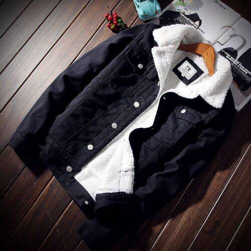 Men's Fitted Winter Padded Denim Jacket with Fake Lamb Wool Fleece and Cotton Coat Upper