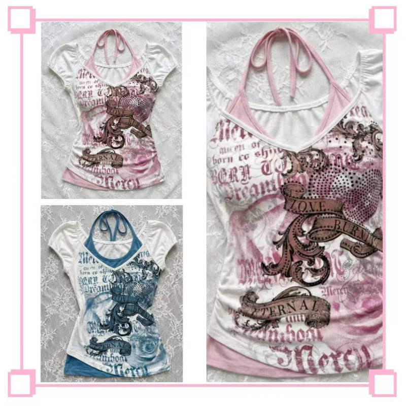 Y2K subculture hot girl off-shoulder short-sleeve T-shirt, summer gothic style with cross and wing print, slim fit for women Y2K subculture hot girl off-shoulder short-sleeve T-shirt, summer gothic style with cross and wing print, slim fit for women
