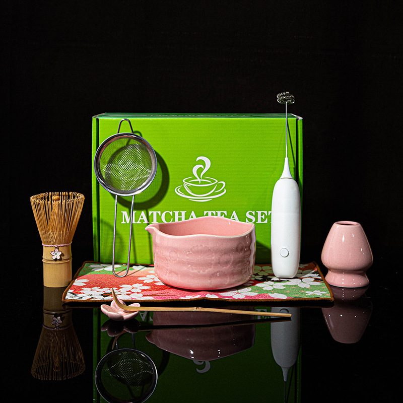 Japanese Matcha Tea Set with Pink Chrysanthemum Tea Bowl, Tea Whisk, and Stand, New Model Japanese Matcha Tea Set with Pink Chrysanthemum Tea Bowl, Tea Whisk, and Stand, New Model