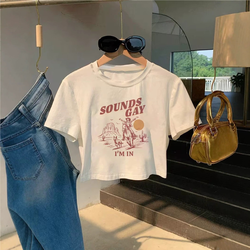 European and American Cross-Border Summer Hot-Selling T-Shirt with Western Wilderness Print Pattern, Sexy Slim-Fit Crop Top with Short Sleeves