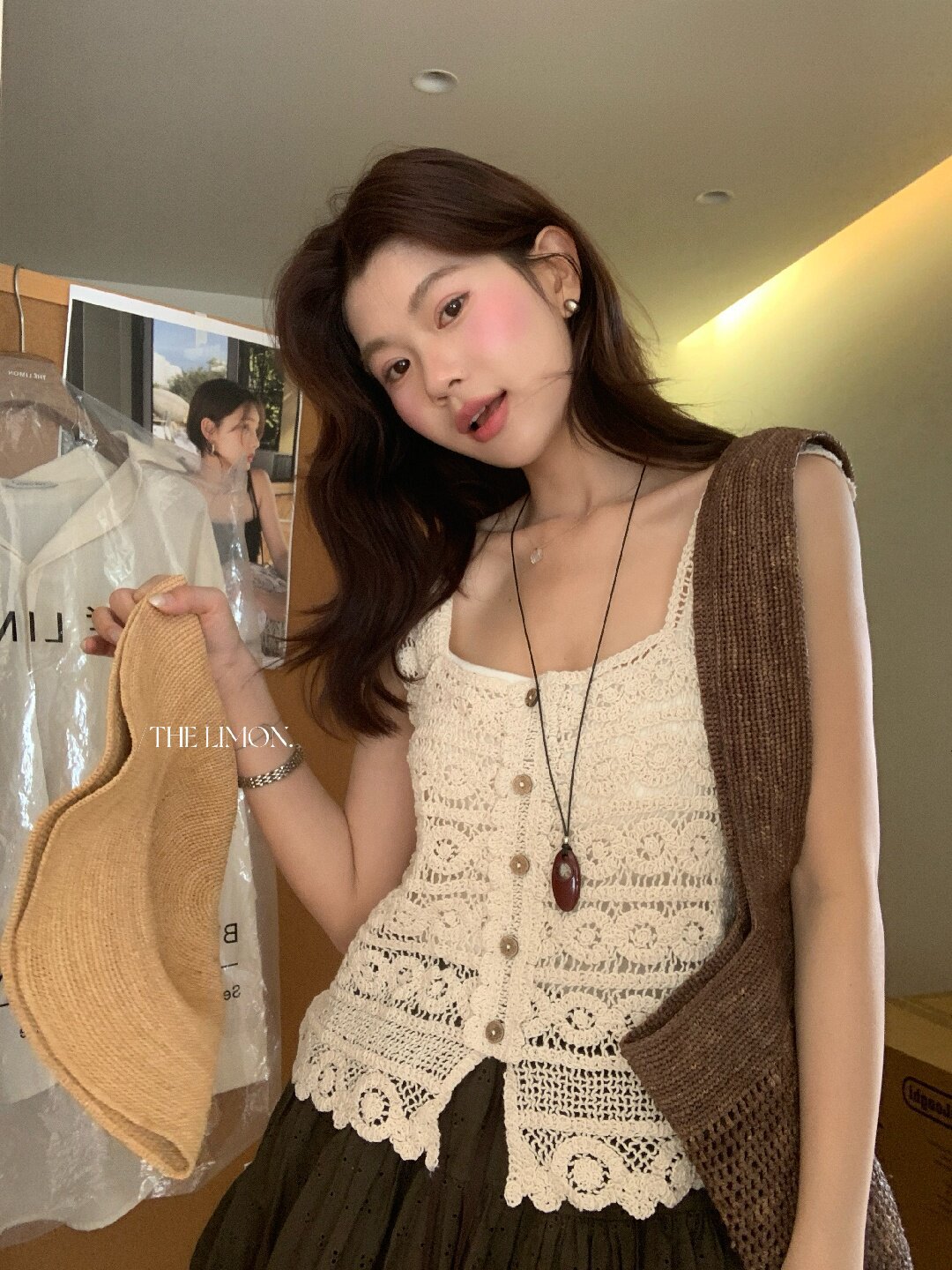 Áo hai dây nữ ren móc họa tiết cổ vuông phong cách Pháp — màu mơ chi tiết 11