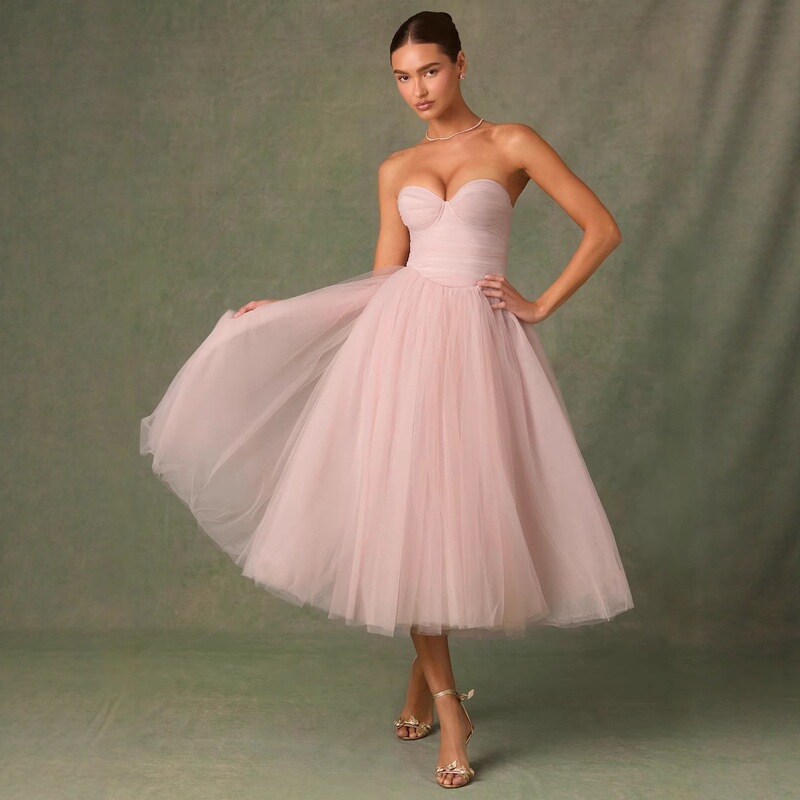 2025 Autumn European and American New Style Off-Shoulder Strapless Sheer Gown Hot-Selling Dress