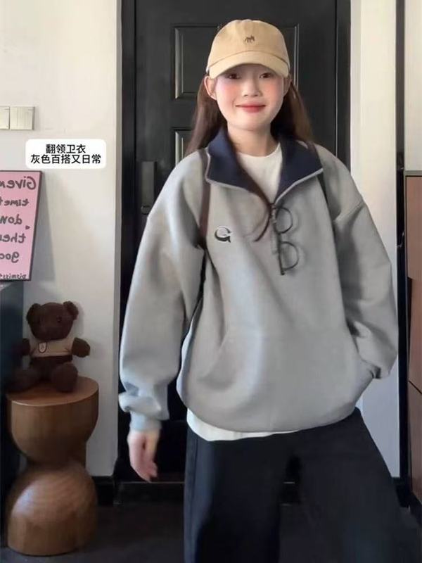 美式复古POLO领拉链学院风卫衣女秋冬撞色宽松百搭小众设计感上衣|undefined