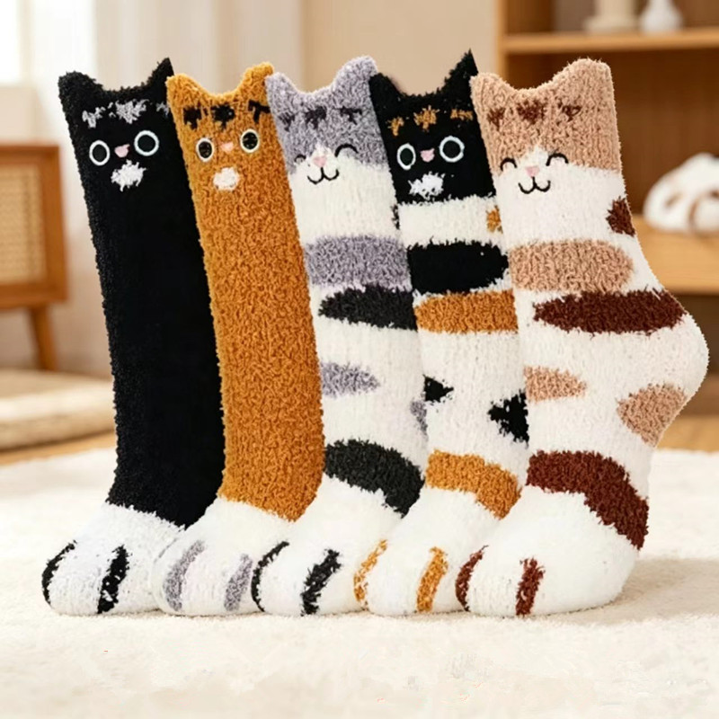 suit Women's Slippers Socks Home Coral Fleece Socks Cat Claw Sleeping Socks Winter Plush Fluffy Cute Christmas Gift for Women