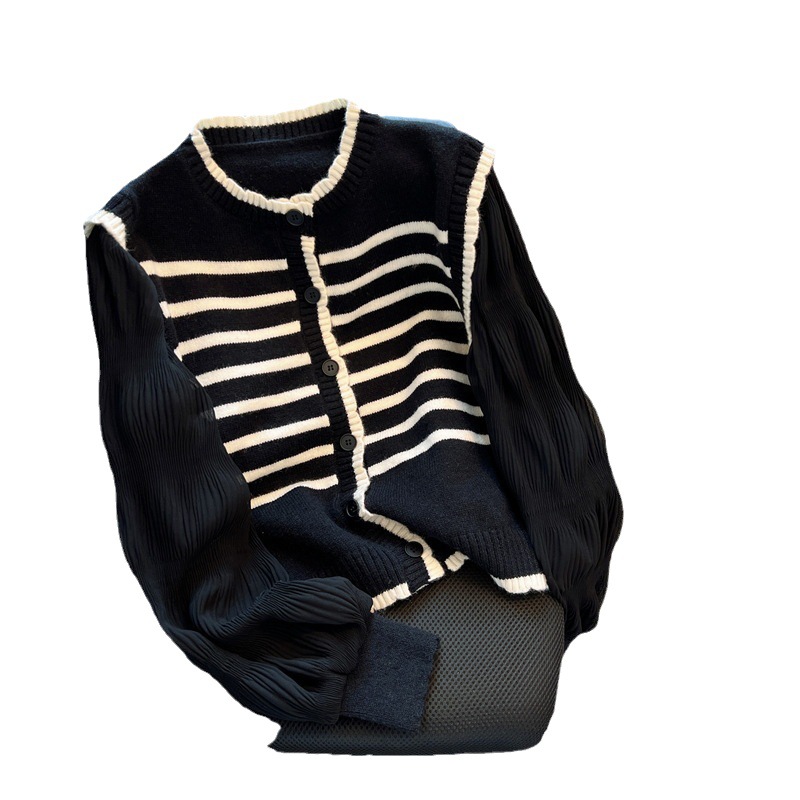 Diseño de costura a rayas de punto cardigan puff manga suéter de gasa corto elegante falso de dos piezas Top Otoño image 7