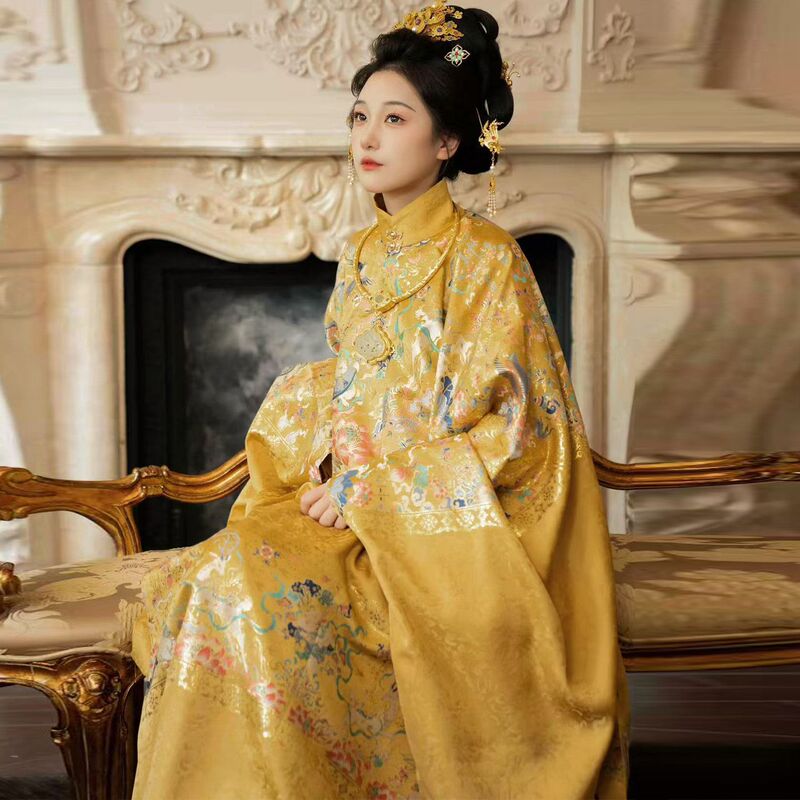 Ming-Style Hanfu Set for Women, Gold Brocade Floral Stand-Collar Long Coat, Palace Style, Chinese Style, Everyday Hanfu, Dunhuang Style Ming-Style Hanfu Set for Women, Gold Brocade Floral Stand-Collar Long Coat, Palace Style, Chinese Style, Everyday Hanfu, Dunhuang Style