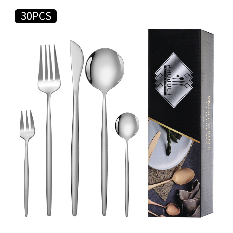 Cruz-Frontera de acero inoxidable vajilla portugués cuchillo y tenedor conjunto de 30 piezas de comida occidental cuchillo de filete de oro y cuchara de la caja de regalo