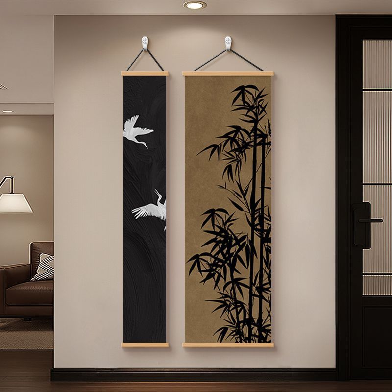 中式竹子玄关装饰画茶室禅意古风走廊过道客厅挂画高级仙鹤壁画