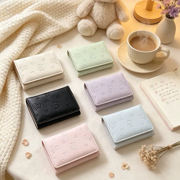 Daini Korean Version New Cartoon Cute Embossed Bear Bow 70% off Mini Student Short Wallet Money Clip