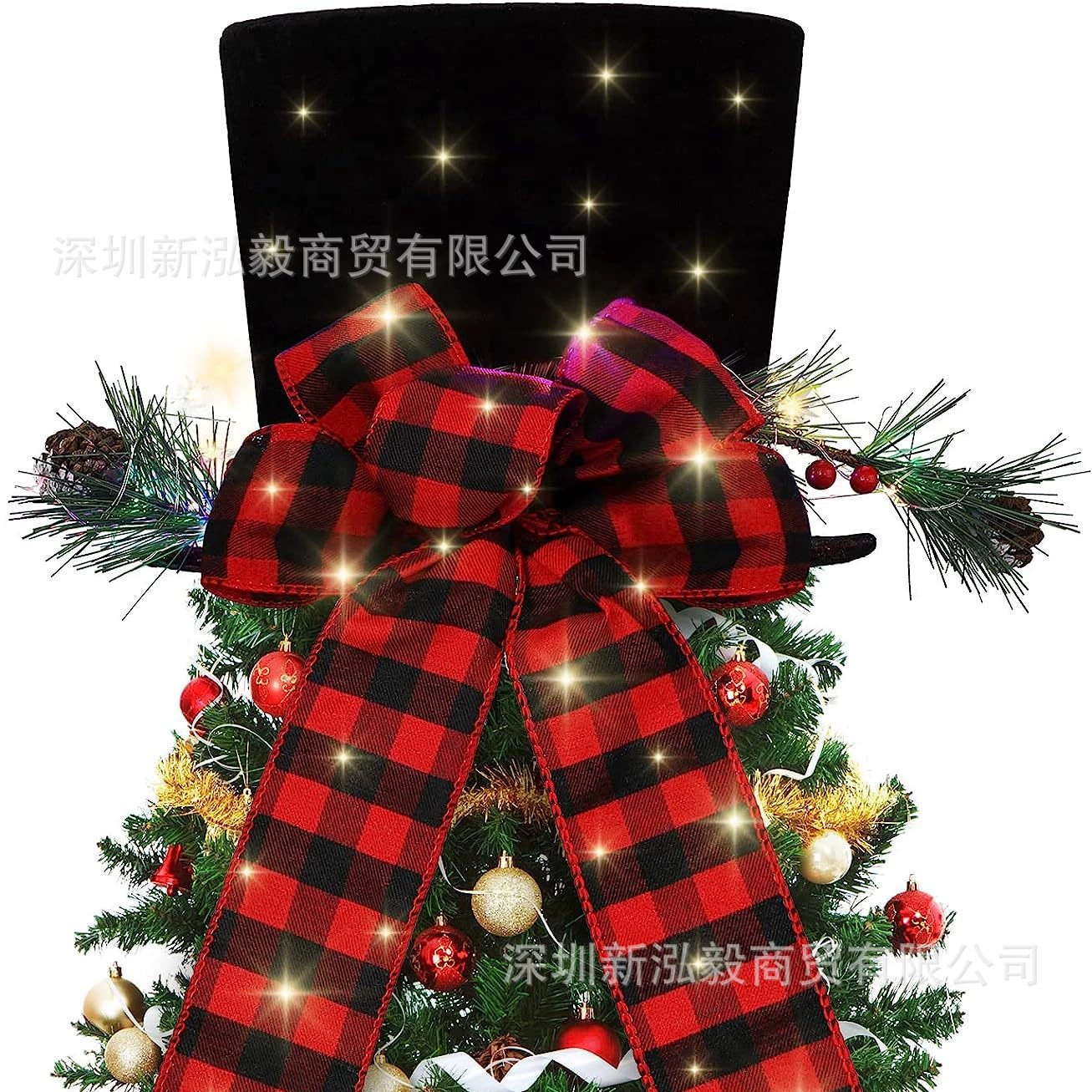 Рождественские украшения Рождественская елка Верхняя шляпа Сжимаемый складной клетчатый бант Елка Шляпа Рождественская елка Верхняя звезда
