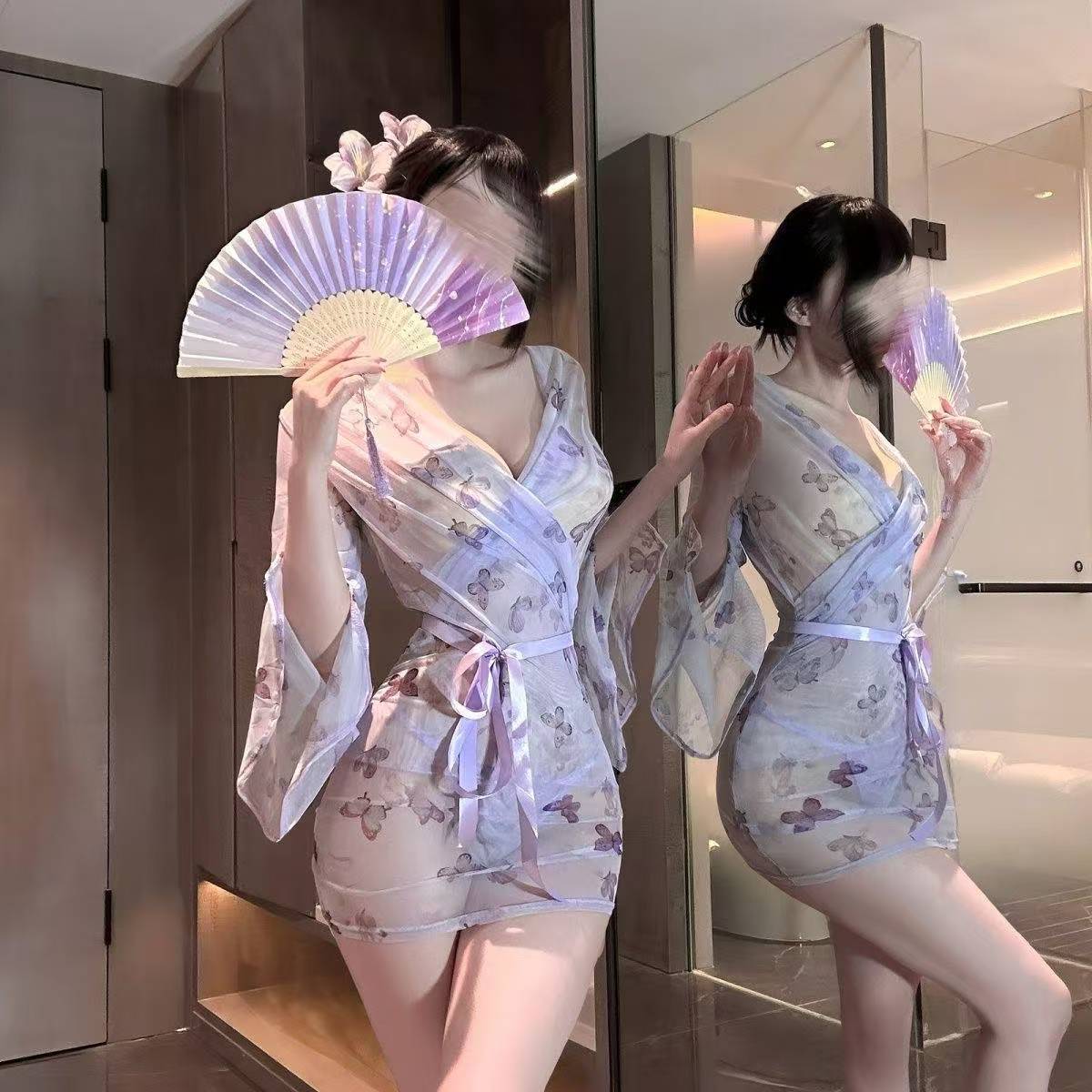 Sheer Butterfly-Print Kimono Nightgown, Open-Front Teasing Lingerie, Purple One Size — detail image 5