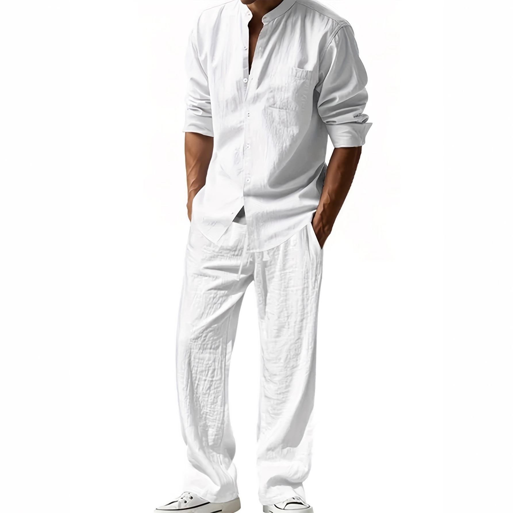 Men's Casual Linen Shirt And Trouser Set All-Season Breathable Loose Fit Long-Sleeved Versatile Cool American Style_viptrois.com
