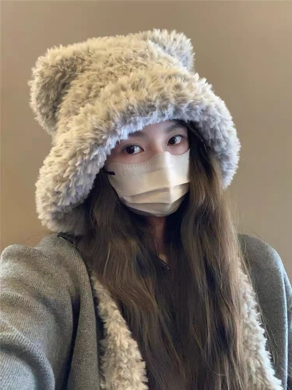 新款秋冬可爱小熊保暖帽女孩显脸小护耳毛线帽日韩系带百搭针织帽|undefined