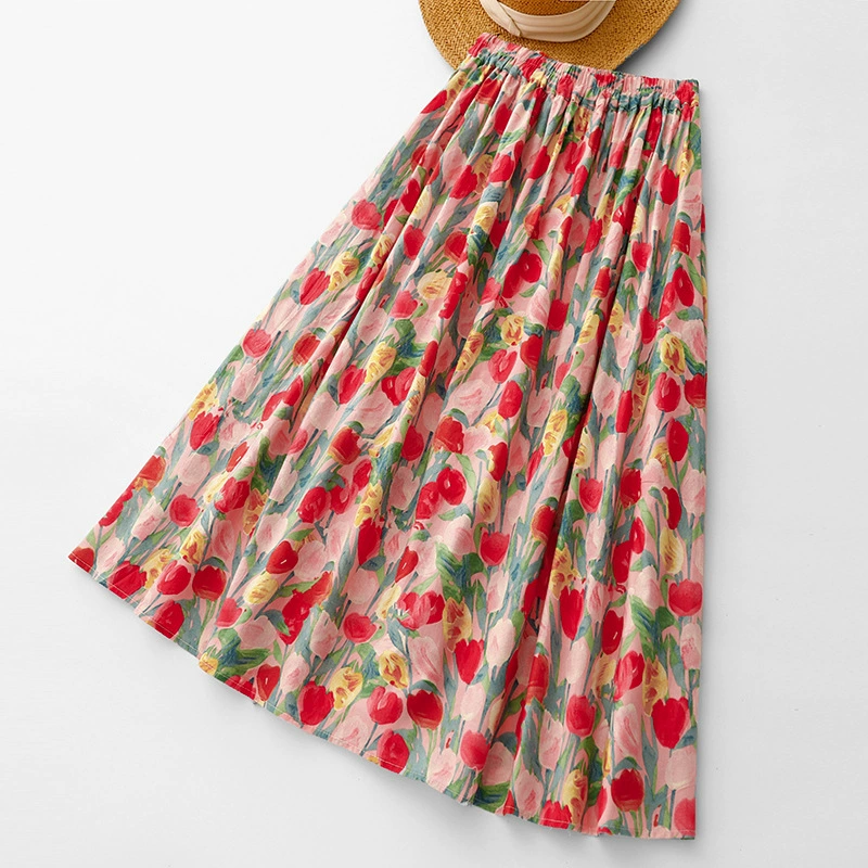 2025 ретро праздничный тюльпан принт дикая тонкая масляная юбка полуцвета женская летняя юбка