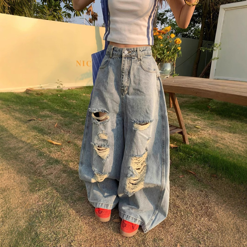 Plus-Size American-Style Ripped Floor-Length Jeans with High Street Design, Vintage Loose Lazy Style Straight Wide-Leg Pants Trendy Plus-Size American-Style Ripped Floor-Length Jeans with High Street Design, Vintage Loose Lazy Style Straight Wide-Leg Pants Trendy