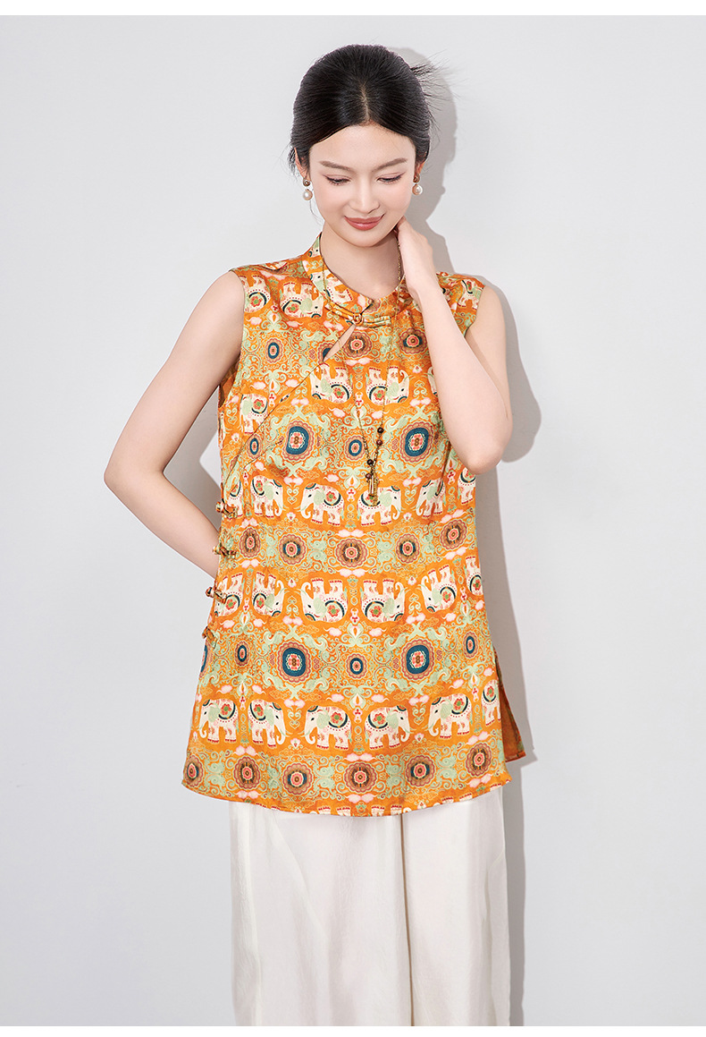 Áo vest cổ điển nữ phong cách Trung Hoa mới, chất liệu tơ tằm họa tiết voi nhỏ jacquard — Màu cam voi chi tiết 10