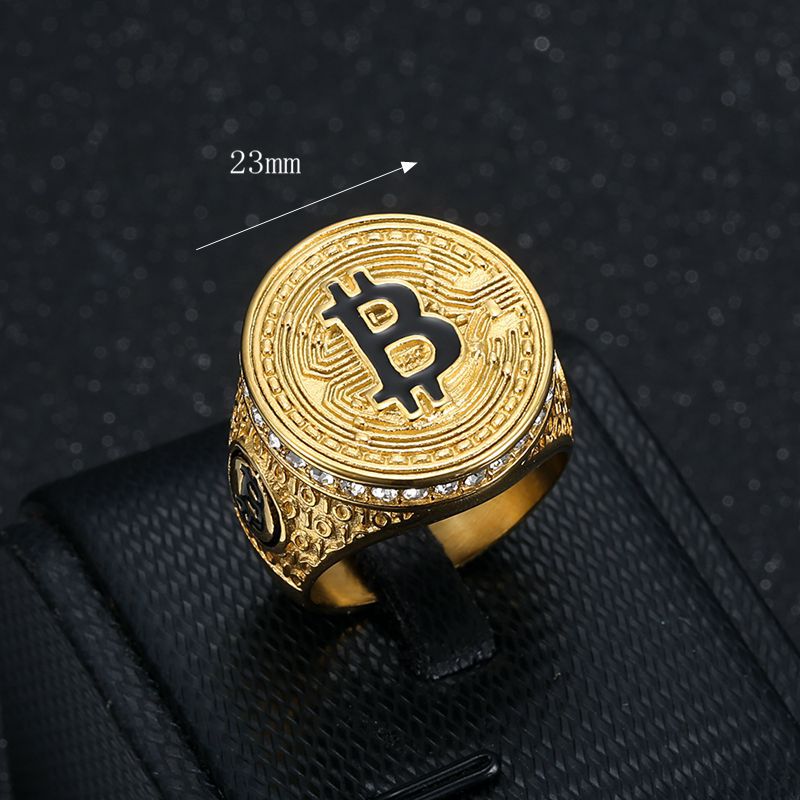 Men's Gold Plated B Letter Bitcoin Ring With Diamond Studded Design_voghion.com