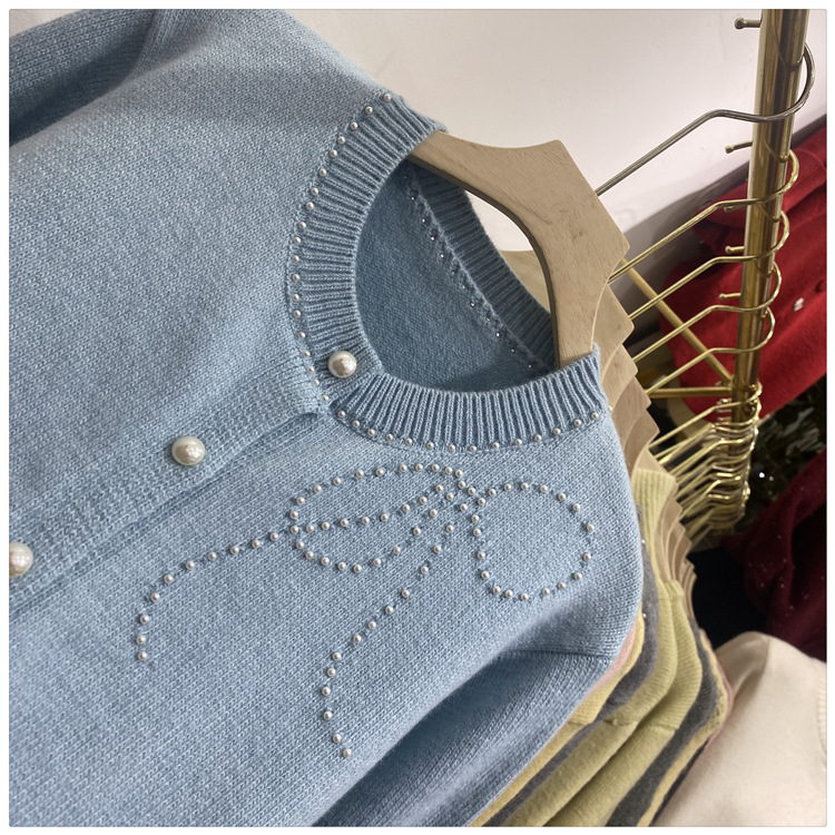 Women's Clothing Chic Embellished Bow Knit Cardigan For Women - Autumn Casual Long Sleeve Open Front Sweater (Blue, Yellow, Gray, Beige, Pink)_voghion.com