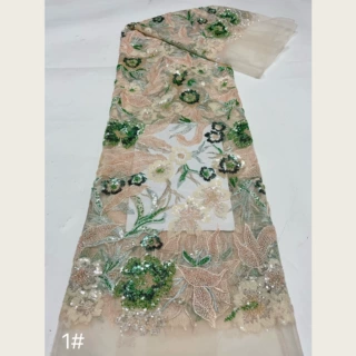 中东加纳民族风多色定位花亮片珠管刺绣面料网纱重工礼服裙绣花布