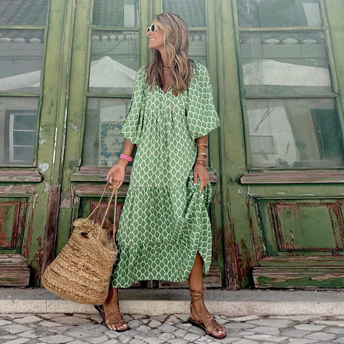 Geometric Print Bubble Sleeve Dress for Street Style, Bestselling Item for Plus-Size Women in Autumn
