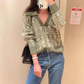 法单S家 2021年早秋新款长袖翻领植物提花针织衫毛衣上衣