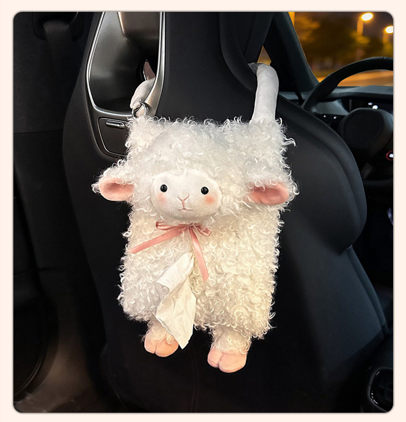 Car tissue box cute little sheep multifunctional hanging tissue bag for car, popular plush toy car tissue box