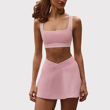 防震带胸垫高弹磨毛健身上衣网球裙挂脖运动内衣短裙瑜伽服套装女