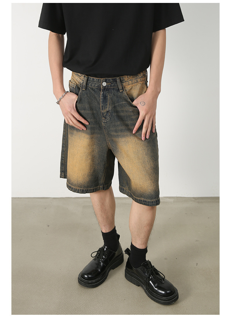 Men's Summer Retro Distressed Blue Denim Shorts Loose Straight Versatile Hot Pants Trendy American Style_mkmklike.com