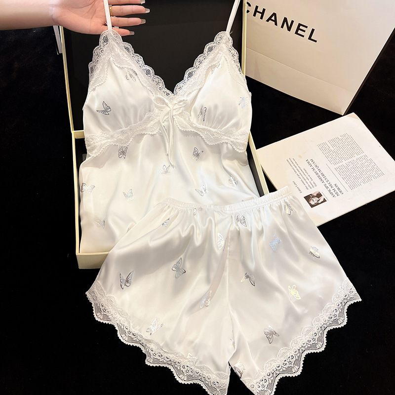 2025 New Suspender Shorts Pajamas Women's Split Suit with Breast Pads Girly Style Pure Lust Pajamas Ice Silk