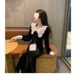 氣質連衣裙女2025年秋冬季新款高級感法式穿搭小個子娃娃領小黑裙