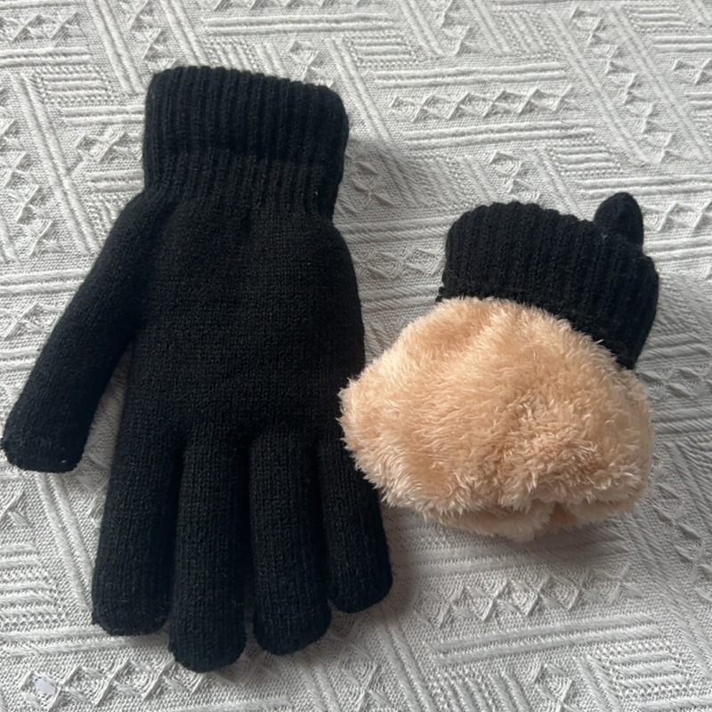 Fábrica al por mayor de lana de punto de doble capa engrosada de lana forrada caliente a prueba de frío guantes de dedo negro puro de algodón acolchado noreste grueso