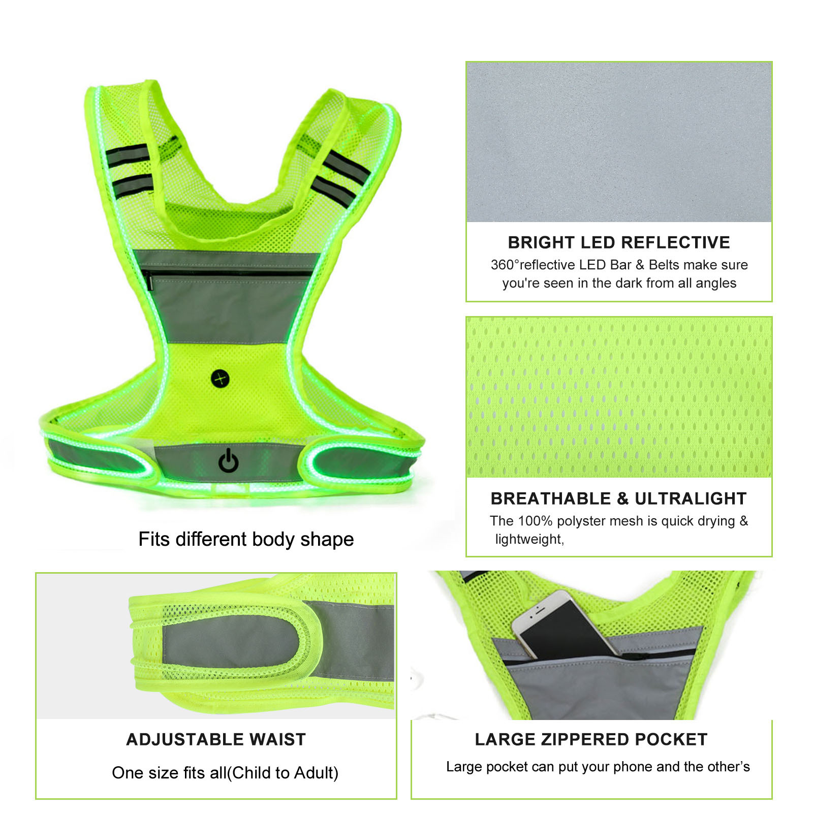 USB recargable LED de malla luminosa chaleco reflectante deportes al aire Libre Flash de advertencia Chaleco de equitación