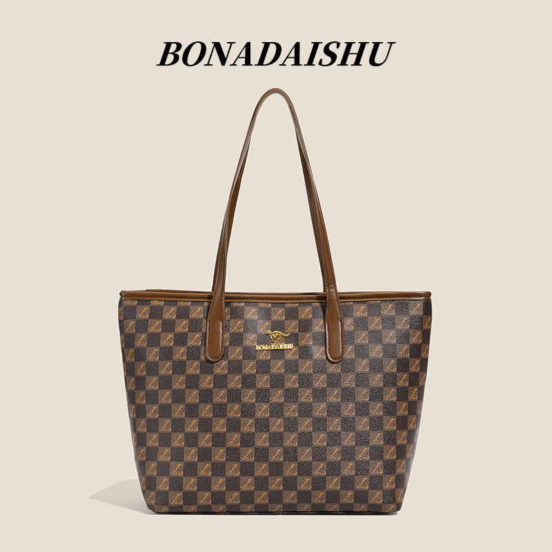 妈咪包百搭格子软皮单肩包大容量上班通勤托特包时尚女士手提包