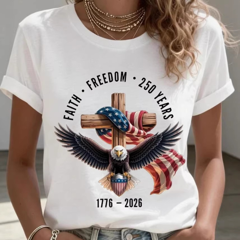 2026 Cross-Border Amazon Independent Site Spring and Summer New Style Eagle American Flag Cross Print Round Neck Short Sleeves 2026 Cross-Border Amazon Independent Site Spring and Summer New Style Eagle American Flag Cross Print Round Neck Short Sleeves