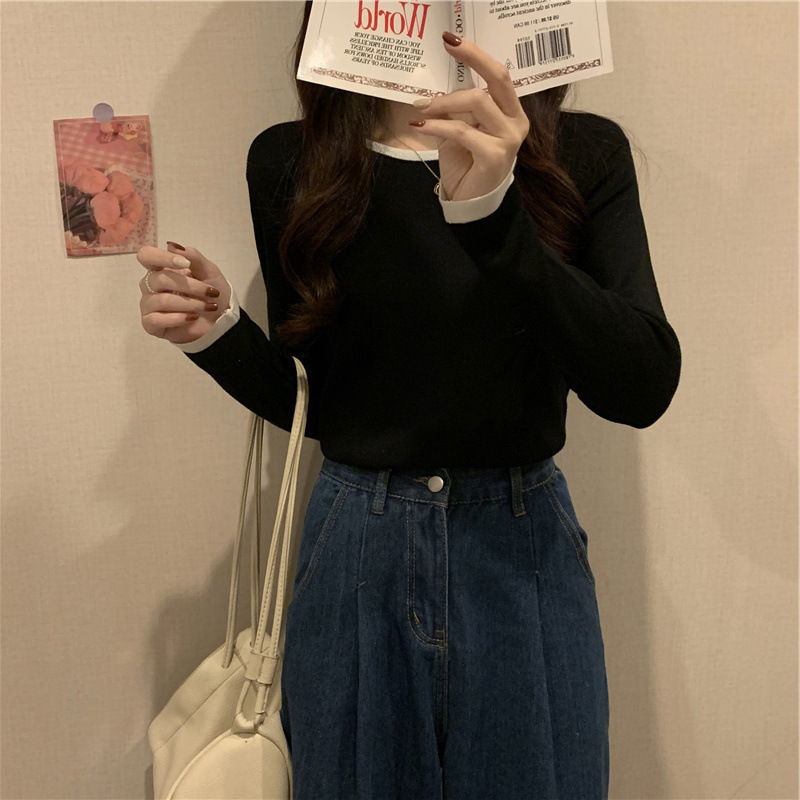 间色打底T恤女秋季新款长袖小众设计感修身圆领短款薄款上衣|undefined